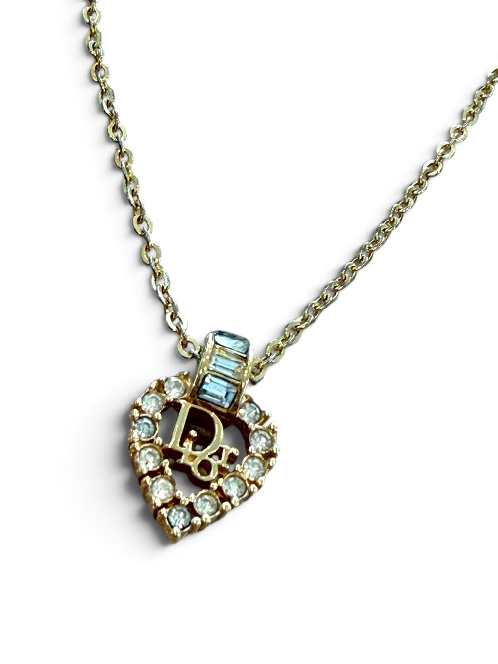 CHRISTIAN DIOR Gold-Tone Heart Pendant Necklace with Clear Crystals
